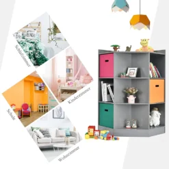 COSTWAY 3-stöckiges Kinderregal Mit 6 Offenen Regalen & 3 Farbigen Körben, Moderner Eckregal Zur Aufbewahrung, Aufbewahrungsschrank Mit 9 Fächern, Beistellschrank Für Kinderzimmer, Wohnzimmer (Grau) -Babyprodukte Geschäft 03b0a084b86c7c038477861e2eba9908