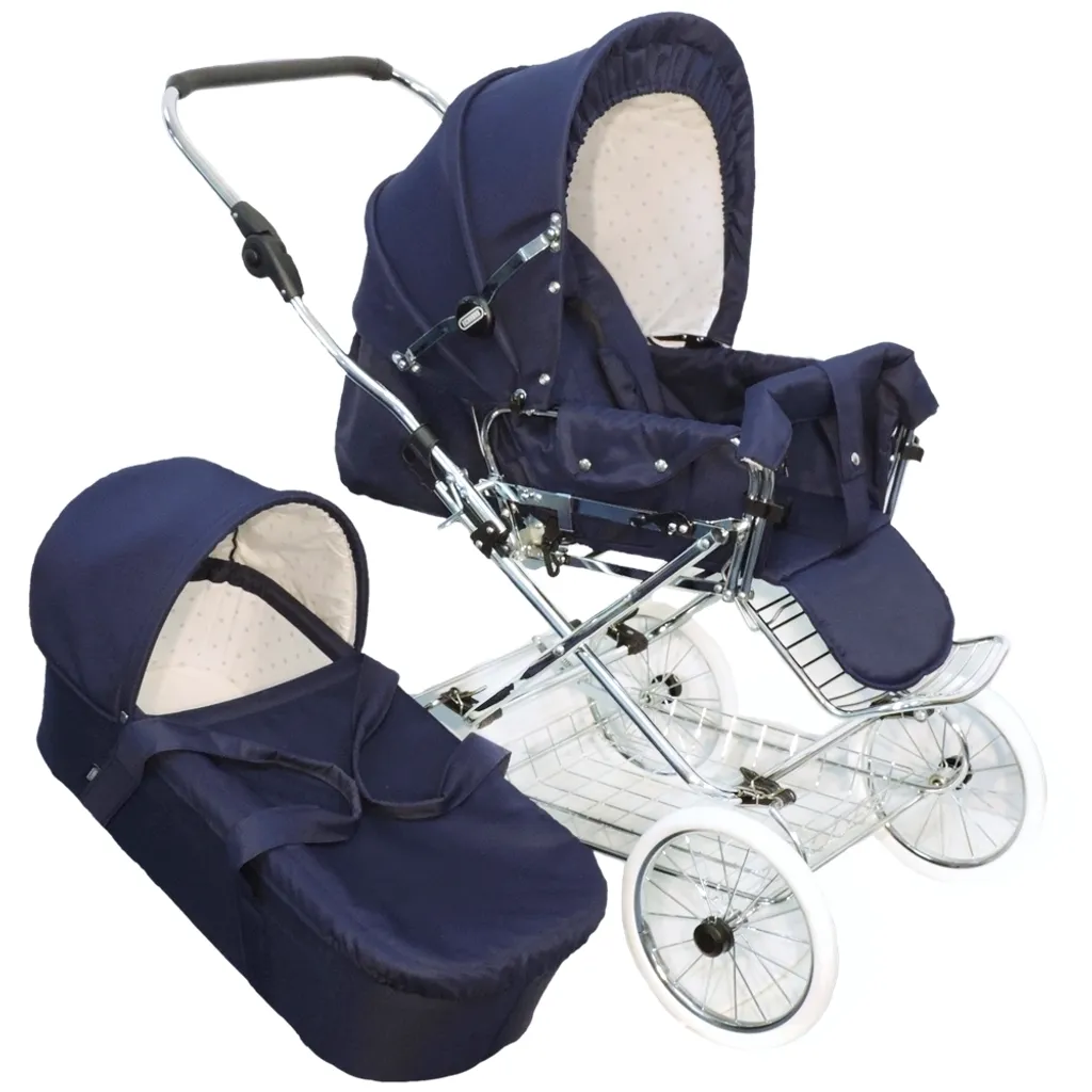 Eichhorn Designer Kombikinderwagen In Marineblau Mit Klassischem Lederriemengestell, EVA-Vollmaterial-Rädern Und Tragetasche - Umbaubar Zum Sportwagen 3 Eichhorn Designer Kombikinderwagen In Marineblau Mit Klassischem Lederriemengestell, EVA-Vollmaterial-Rädern Und Tragetasche - Umbaubar Zum Sportwagen – Bild 3