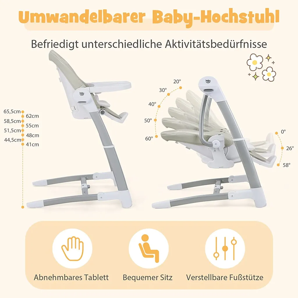 COSTWAY 3 In 1 Babyschaukel & Hochstuhl & Sitzerhöhung, Babywippe Elektrisch Mit 8 Schaukelposition, Timing, Musik & Auto-Schaltfunktion, Babystuhl Klappbar Mit Rädern, 8 Höhenstufen (Grau) 4 COSTWAY 3 In 1 Babyschaukel & Hochstuhl & Sitzerhöhung, Babywippe Elektrisch Mit 8 Schaukelposition, Timing, Musik & Auto-Schaltfunktion, Babystuhl Klappbar Mit Rädern, 8 Höhenstufen (Grau) – Bild 4