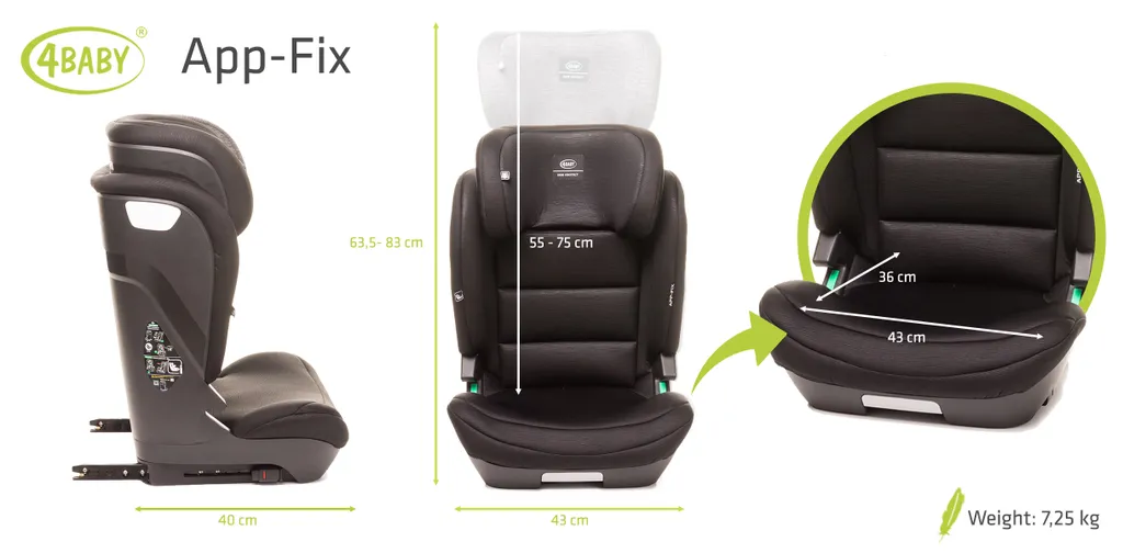 Kindersitz APP-FIX 100-150CM I-SIZE 15-36kg Norm ECE R129, 3 - 12 Jahre, Isofix Seitenprotektoren, Zusätzlicher Kopfschutz, Neigungsverstellung Farbe: Schwarz 7 Kindersitz APP-FIX 100-150CM I-SIZE 15-36kg Norm ECE R129, 3 - 12 Jahre, Isofix Seitenprotektoren, Zusätzlicher Kopfschutz, Neigungsverstellung Farbe: Schwarz – Bild 7