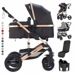 Daliya® Bambimo 2in1 Kinderwagen - Kombikinderwagen 9-Teiliges Set Incl. Babywanne & Sportsitz - Buggy - 1 Klick System - Aluminium Rahmen - Vollgummi Räder - Sonnenschutz - Getränkehalter - Farbe Schwarz