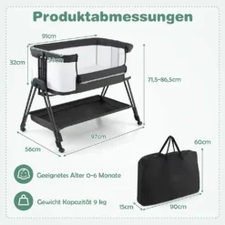 COSTWAY 2 In 1 Beistellbett & Stubenwagen Klappbar, Tragbare Babybett Mit 7 Verstellbaren Höhen & Matratze & Tragetasche & Gurte, Verstellbare Reisebett Für Neugeborene Bis 6 Monate (Dunkelgrau) -Babyprodukte Geschäft 1cddcca0e6ceea13af87a054fbe0b2a5