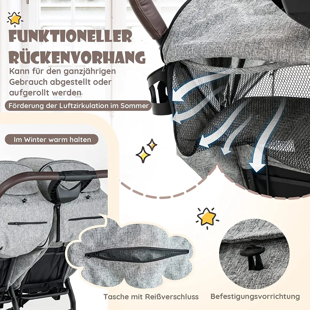 COSTWAY Faltbarer Zwillingskinderwagen, Geschwisterwagen Mit Individueller Neigung, Verstellbarer Rückenlehne & Fußstütze & Baldachin, Tragbarer Zwillingsbuggy Für Baby 0-4 Jahren 6 COSTWAY Faltbarer Zwillingskinderwagen, Geschwisterwagen Mit Individueller Neigung, Verstellbarer Rückenlehne & Fußstütze & Baldachin, Tragbarer Zwillingsbuggy Für Baby 0-4 Jahren – Bild 6