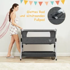 COSTWAY 3 In 1 Beistellbett & Babywiege & Reisebett Klappbar, Babybett Mit 7-Fach Verstellbarer Höhe, Tragbares Babywiege Mit Sicherheitsgurt, Netzfenster, Matratze, Bodenkorb & Rädern (Dunkelgrau) -Babyprodukte Geschäft 260802f591fbbf84ca326f331e0fa498