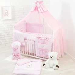 Baby Luxus Kinderbetten 120x60 Holz Gitterbett,Babybett,Kinderbettset Rosa Herz Komplett Set Inklusive