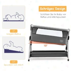 COSTWAY 3 In 1 Beistellbett & Babywiege & Reisebett Klappbar, Babybett Mit 7-Fach Verstellbarer Höhe, Tragbares Babywiege Mit Sicherheitsgurt, Netzfenster, Matratze, Bodenkorb & Rädern (Dunkelgrau) -Babyprodukte Geschäft 31268730afc44fa80982b7be633b2dfb