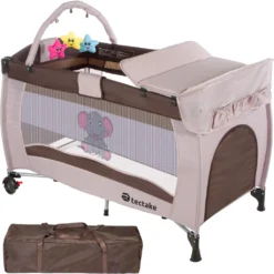 Tectake Kinderreisebett Elefant 132x75x104cm Mit Wickelauflage Und Transporttasche - Braun