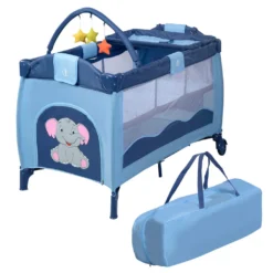 COSTWAY Reisebett Klappbar Babyreisebett Kinderreisebett Mit Rollen Babybett Kinderbett Inkl. Spielbogen Tragetasche Wickelauflage Blau