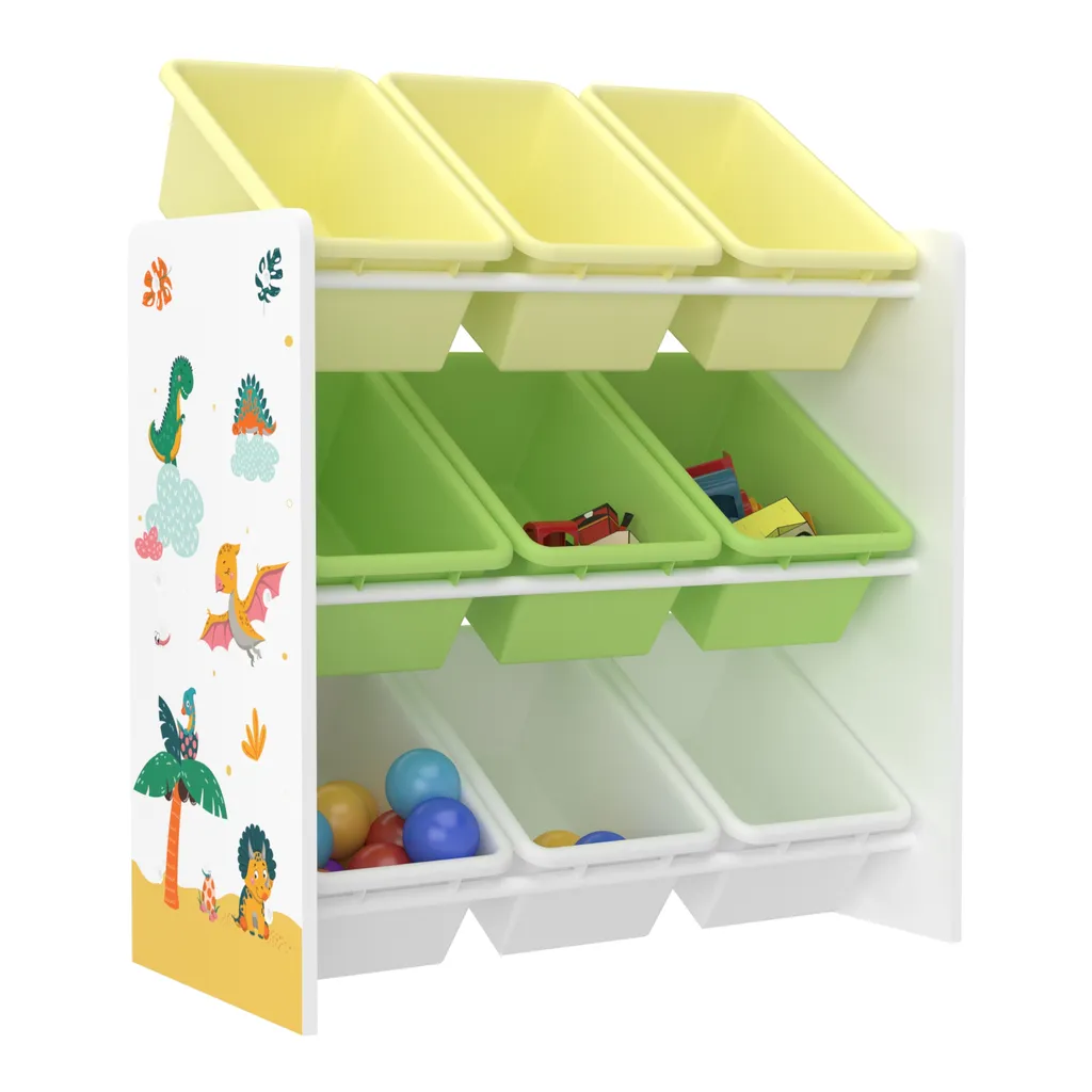 Kinderregal Muxía Mit 9 Aufbewahrungsboxen Spielzeugregal Mit Dinosaurier-Motiv Spielregal Weiß Grün Gelb Kinderzimmer Organizer 4 Kinderregal Muxía Mit 9 Aufbewahrungsboxen Spielzeugregal Mit Dinosaurier-Motiv Spielregal Weiß Grün Gelb Kinderzimmer Organizer – Bild 4