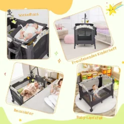 COSTWAY 4 In 1 Klappbares Reisebett & Beistellbett & Wickeltisch & Laufstall Rollbar, 2 Ebenen Babybett Inkl. Spielbogen, Matratze, Wickelauflage, Windelaufbewahrung Und Spieluhr (Hellgrau) -Babyprodukte Geschäft 3ad30f7e2535b4c98a731ad0271adfd9