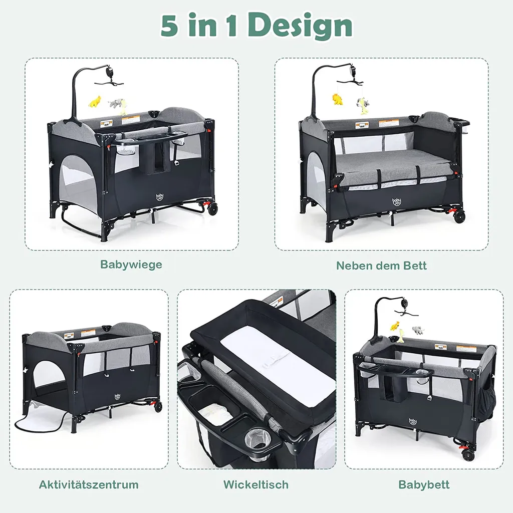 COSTWAY 5-in-1-Babybett Mit Wickeltisch, 2 Ebene Babyreisebett Mit 3 Spielzeug & Musikbox & Aufbewahrungstasche, 4-stufig Verstellbares Beistellbett Für Baby Mit Rollen & Tragetasche (Schwarz) 4 COSTWAY 5-in-1-Babybett Mit Wickeltisch, 2 Ebene Babyreisebett Mit 3 Spielzeug & Musikbox & Aufbewahrungstasche, 4-stufig Verstellbares Beistellbett Für Baby Mit Rollen & Tragetasche (Schwarz) – Bild 4