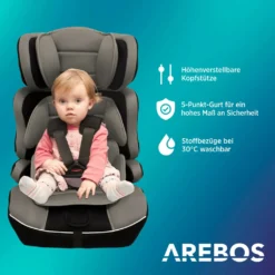 AREBOS Kinderautositz, 5-Punkt-Sicherheitsgurt, Gruppe 1+2+3 Für 9-36kg, Einstellbare Kopfstütze, ECE R44/04, Abnehmbare Rückenlehne, Verstellbar (44 X 44 X 66-78 Cm), Grau -Babyprodukte Geschäft 4086d36aa1d7537a2ee80b6c00178588