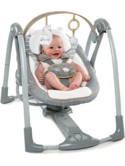 Ingenuity Baby Ingenuity, Bella Teddy Zusammenklappbare Und Tragbare Babyschaukel Mit 5 Schaukelgeschwindigkeiten, 8 Melodien, 5-Punkt Sicherheitsgurt Und Hochwertigem Plüsch Babyschaukeln Wippen