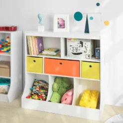 SoBuy KMB26-W Kinder Bücherregal Kinderregal Mit 5 Ablagefächern Und 3 Stoffboxen Spielzeugregal Aufbewahrungsregal Für Kinder Spielzeug-Organizer Weiß