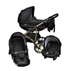 LUXUS Kombi Kinderwagen 4 In 1 Komplettset Mit Isofix-Basisstation Und Vollgummireifen - Schwarz/gold