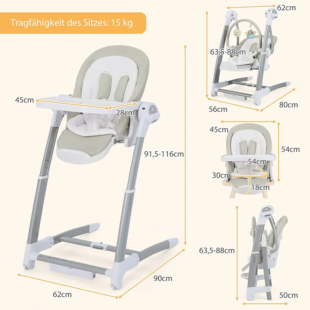 COSTWAY 3 In 1 Babyschaukel & Hochstuhl & Sitzerhöhung, Babywippe Elektrisch Mit 8 Schaukelposition, Timing, Musik & Auto-Schaltfunktion, Babystuhl Klappbar Mit Rädern, 8 Höhenstufen (Grau) 6 COSTWAY 3 In 1 Babyschaukel & Hochstuhl & Sitzerhöhung, Babywippe Elektrisch Mit 8 Schaukelposition, Timing, Musik & Auto-Schaltfunktion, Babystuhl Klappbar Mit Rädern, 8 Höhenstufen (Grau) – Bild 6