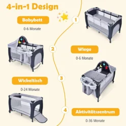 COSTWAY 4 In 1 Klappbares Reisebett & Babywiege & Wickeltisch & Laufstall Mit Schaukelfunktion, Inkl. Spieluhr, Spielbogen, Wickelauflage, Matratze, Windel Organizer Und Tragetasche (Grau) -Babyprodukte Geschäft 4e0c96042c39dfa651a5e6b940b02b95