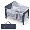 COSTWAY 4 In 1 Klappbares Reisebett & Babywiege & Wickeltisch & Laufstall Mit Schaukelfunktion, Inkl. Spieluhr, Spielbogen, Wickelauflage, Matratze, Windel Organizer Und Tragetasche (Grau)