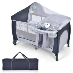 COSTWAY 4 In 1 Klappbares Reisebett & Babywiege & Wickeltisch & Laufstall Mit Schaukelfunktion, Inkl. Spieluhr, Spielbogen, Wickelauflage, Matratze, Windel Organizer Und Tragetasche (Grau)