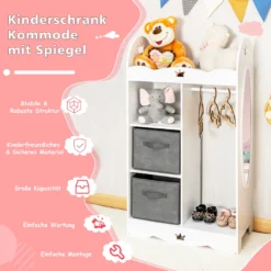 COSTWAY Kinder-Kleiderschrank, Kleinkindschrank Mit Spiegel, 2 Aufbewahrungsfächern & Kleiderbügel, Sicherer Kippschutz, Schrank Für Schlafzimmer, Kinderzimmer, Spielzimmer -Babyprodukte Geschäft 53a97be3a28ebe4e70212d3a937b03d6