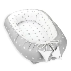 Babynest Kokon Neugeborene 90 X 50 Cm - Handmade Kuschelnest Baby Nestchen Aus Baumwolle Sternchen Grau-Weiß