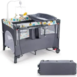 5 In 1 Babybett Mit Matratze, Reisebett Baby Mit Wickeltisch, Spieluhr Und Spielzeug, Laufstall | Beistellbett | Babyschaukel Für Baby Ab Geburt (Grau)