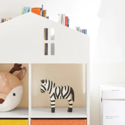 SoBuy KMB49-W Kinder Bücherregal Mit Haus-Design Kinderregal Mit 2 Stoffboxen Spielzeugregal Aufbewahrungsregal Für Kinder Spielzeug-Organizer Weiß BHT Ca.: 65x91x27cm -Babyprodukte Geschäft 63051db5d273d11df56bd420667985b5