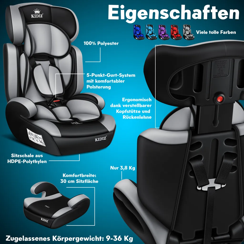KIDIZ® Autokindersitz Kinderautositz ✓ Gruppe 1+2+3 ✓ 9-36 Kg 5-Punkt-Sicherheitsgurt, Autositz, Kindersitz, Einstellbare Kopfstütze | Mitwachsende Sitzerhöhung 1-12 Jahre, Stabil Und Sicher, Farbe:Grau 6 KIDIZ® Autokindersitz Kinderautositz ✓ Gruppe 1+2+3 ✓ 9-36 Kg 5-Punkt-Sicherheitsgurt, Autositz, Kindersitz, Einstellbare Kopfstütze | Mitwachsende Sitzerhöhung 1-12 Jahre, Stabil Und Sicher, Farbe:Grau – Bild 6