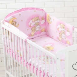 Babybettwäsche Komplettset 3 Teilig Für Bettchen In Größe 60x120 Aus 100% Baumwolle Rosa - Teddybär Auf Leiter