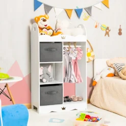 COSTWAY Kinder-Kleiderschrank, Kleinkindschrank Mit Spiegel, 2 Aufbewahrungsfächern & Kleiderbügel, Sicherer Kippschutz, Schrank Für Schlafzimmer, Kinderzimmer, Spielzimmer