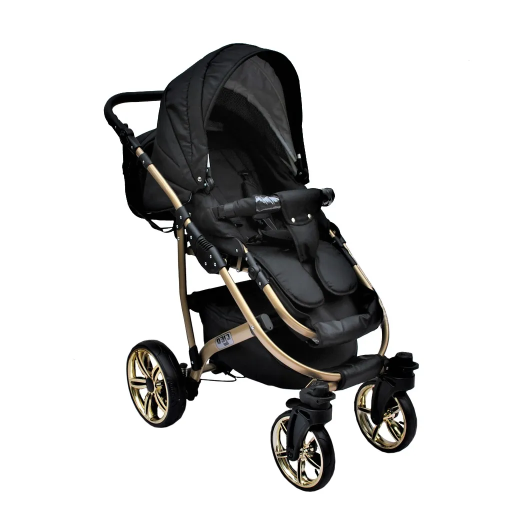 LUXUS Kombi Kinderwagen 4 In 1 Komplettset Mit Isofix-Basisstation Und Vollgummireifen - Schwarz/gold 6 LUXUS Kombi Kinderwagen 4 In 1 Komplettset Mit Isofix-Basisstation Und Vollgummireifen - Schwarz/gold – Bild 6