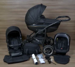 LUXUS Kombi Kinderwagen CLEO 3 In 1 Komplettset - Schwarz/gold R1 Gestell Schwarz