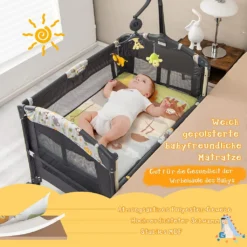 COSTWAY 4 In 1 Klappbares Reisebett & Beistellbett & Wickeltisch & Laufstall Rollbar, 2 Ebenen Babybett Inkl. Spielbogen, Matratze, Wickelauflage, Windelaufbewahrung Und Spieluhr (Hellgrau) -Babyprodukte Geschäft 7f7b02db320356daf38b869c3c6b145f
