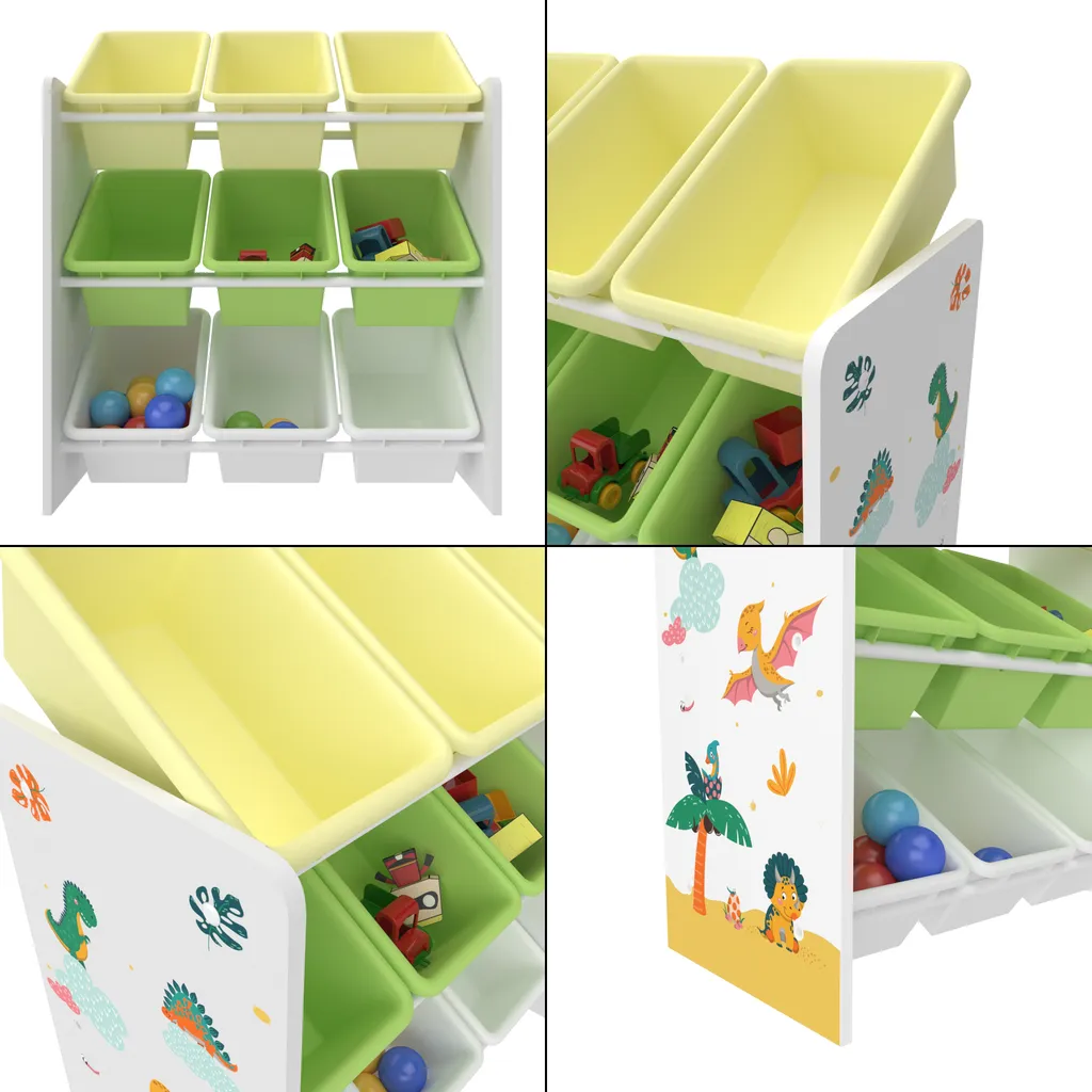 Kinderregal Muxía Mit 9 Aufbewahrungsboxen Spielzeugregal Mit Dinosaurier-Motiv Spielregal Weiß Grün Gelb Kinderzimmer Organizer 6 Kinderregal Muxía Mit 9 Aufbewahrungsboxen Spielzeugregal Mit Dinosaurier-Motiv Spielregal Weiß Grün Gelb Kinderzimmer Organizer – Bild 6