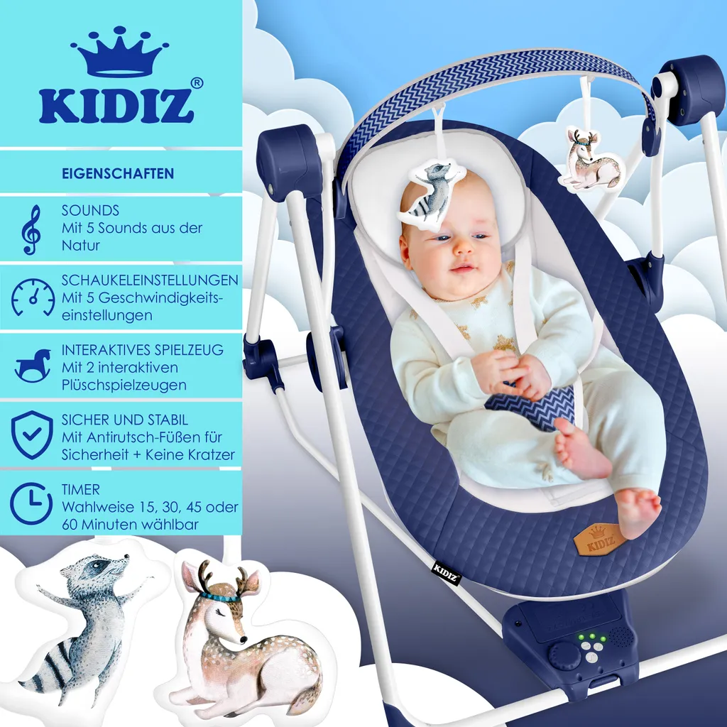 KIDIZ® Babywippe Babyschaukel Mit 5 Geschwindigkeitseinstellungen Zusammenklappbarer Baby Wippe Schaukel Babyhochstuhl Mit Spielbogen Spielzeugen 5 Beruhigende Naturgeräusche Neugeborene, Farbe:Navyblau 4 KIDIZ® Babywippe Babyschaukel Mit 5 Geschwindigkeitseinstellungen Zusammenklappbarer Baby Wippe Schaukel Babyhochstuhl Mit Spielbogen Spielzeugen 5 Beruhigende Naturgeräusche Neugeborene, Farbe:Navyblau – Bild 4