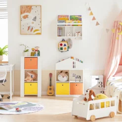 SoBuy KMB49-W Kinder Bücherregal Mit Haus-Design Kinderregal Mit 2 Stoffboxen Spielzeugregal Aufbewahrungsregal Für Kinder Spielzeug-Organizer Weiß BHT Ca.: 65x91x27cm -Babyprodukte Geschäft 83be06aed1d7a7a933ce125506451a76
