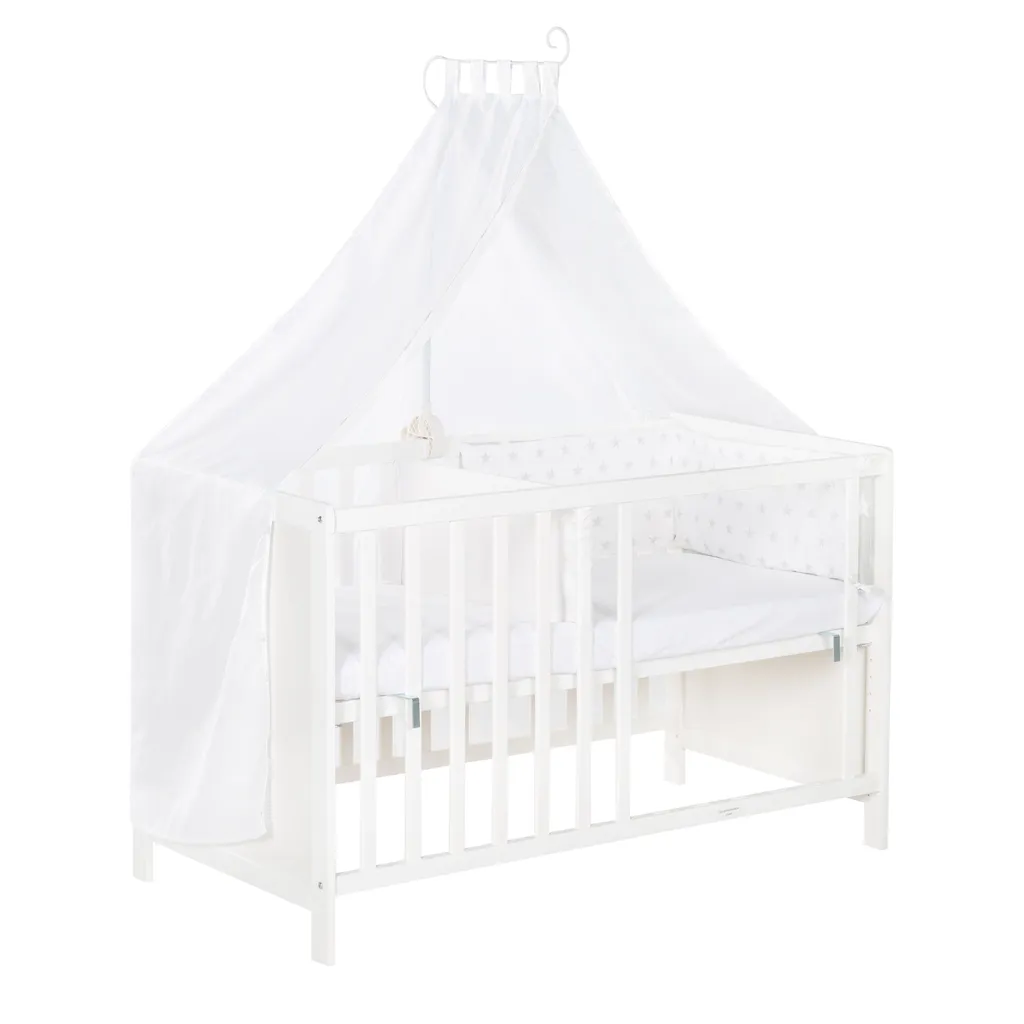 Roba Mulitfunktionsbett Sterne Grau Mit Beistellfunktion, Lattenrost, Matratze, Bettreduzierer, Himmel, Himmelstange, Kinderbett, Anstellbett, Babybett, Höhenverstellbar, Liegefläche 60x120 Cm, Weiß 6 Roba Mulitfunktionsbett Sterne Grau Mit Beistellfunktion, Lattenrost, Matratze, Bettreduzierer, Himmel, Himmelstange, Kinderbett, Anstellbett, Babybett, Höhenverstellbar, Liegefläche 60x120 Cm, Weiß – Bild 6