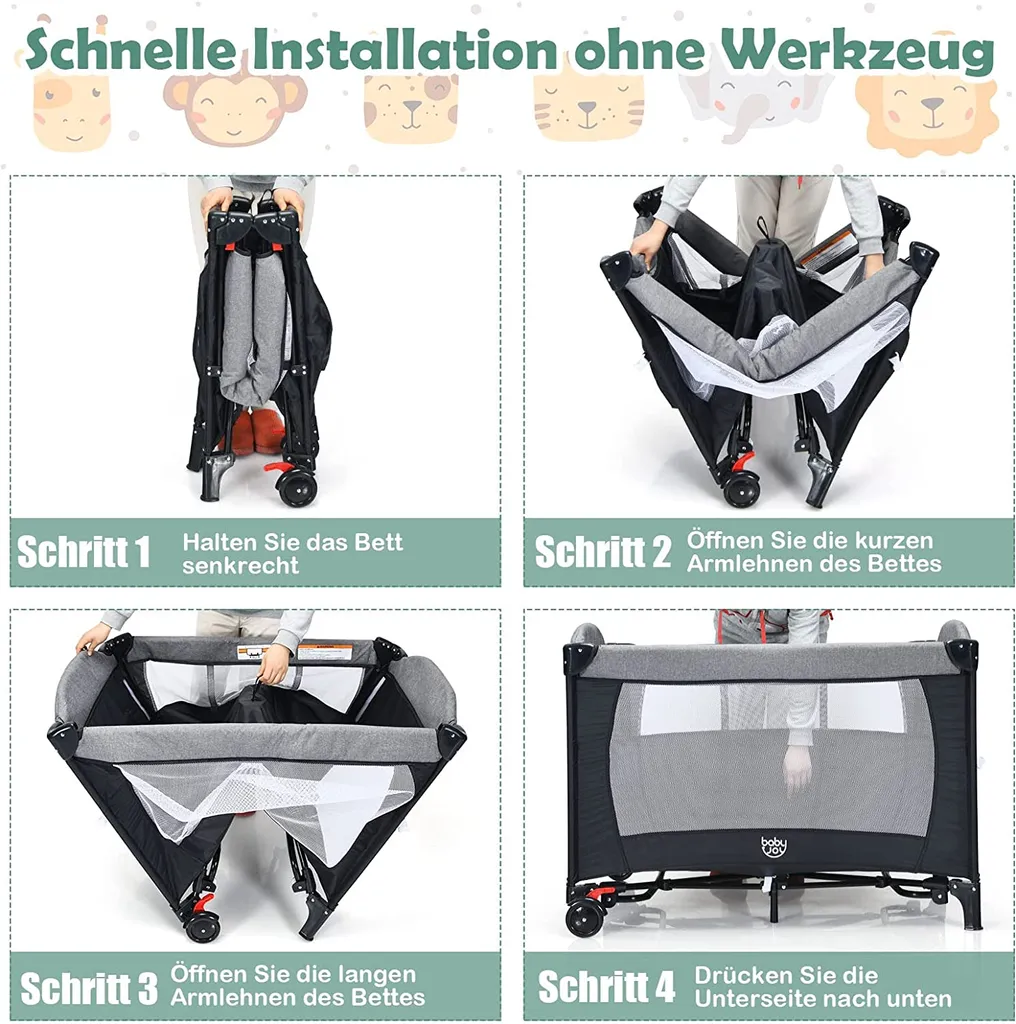 COSTWAY 5-in-1-Babybett Mit Wickeltisch, 2 Ebene Babyreisebett Mit 3 Spielzeug & Musikbox & Aufbewahrungstasche, 4-stufig Verstellbares Beistellbett Für Baby Mit Rollen & Tragetasche (Schwarz) 2 COSTWAY 5-in-1-Babybett Mit Wickeltisch, 2 Ebene Babyreisebett Mit 3 Spielzeug & Musikbox & Aufbewahrungstasche, 4-stufig Verstellbares Beistellbett Für Baby Mit Rollen & Tragetasche (Schwarz) – Bild 2