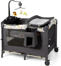 COSTWAY 4 In 1 Klappbares Reisebett & Beistellbett & Wickeltisch & Laufstall Rollbar, 2 Ebenen Babybett Inkl. Spielbogen, Matratze, Wickelauflage, Windelaufbewahrung Und Spieluhr (Hellgrau)