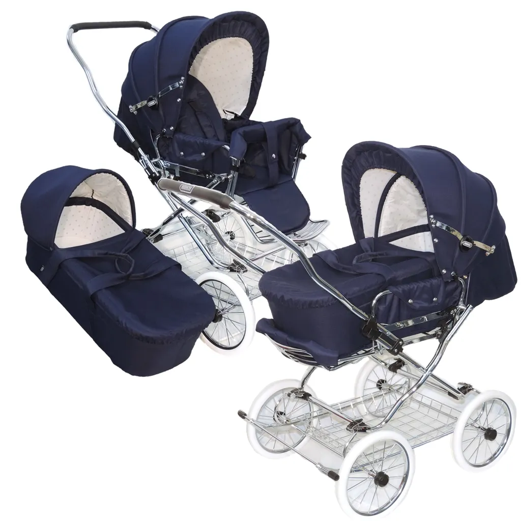 Eichhorn Designer Kombikinderwagen In Marineblau Mit Klassischem Lederriemengestell, EVA-Vollmaterial-Rädern Und Tragetasche - Umbaubar Zum Sportwagen 10 Eichhorn Designer Kombikinderwagen In Marineblau Mit Klassischem Lederriemengestell, EVA-Vollmaterial-Rädern Und Tragetasche - Umbaubar Zum Sportwagen – Bild 10