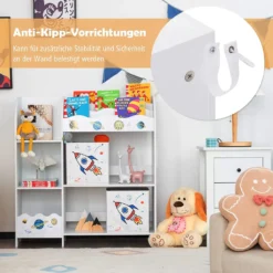 COSTWAY Freistehender Kinderzimmerschrank, 3-stöckiger Kinderzimmerregal, Spielzeug-Organizer Für Kleinkinder Mit 5 Fächern & 2 Aufbewahrungsboxen & 3 Regalen (Planetenrakete) -Babyprodukte Geschäft 997855fcc88633f68b31bdf779892ba4