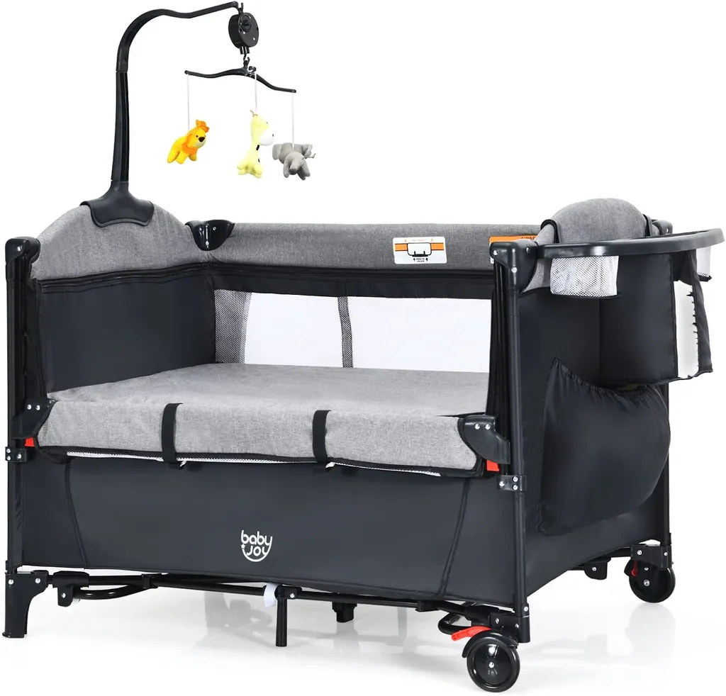COSTWAY 5-in-1-Babybett Mit Wickeltisch, 2 Ebene Babyreisebett Mit 3 Spielzeug & Musikbox & Aufbewahrungstasche, 4-stufig Verstellbares Beistellbett Für Baby Mit Rollen & Tragetasche (Schwarz) 1 COSTWAY 5-in-1-Babybett Mit Wickeltisch, 2 Ebene Babyreisebett Mit 3 Spielzeug & Musikbox & Aufbewahrungstasche, 4-stufig Verstellbares Beistellbett Für Baby Mit Rollen & Tragetasche (Schwarz)