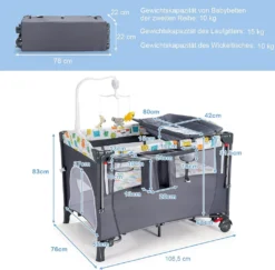 5 In 1 Babybett Mit Matratze, Reisebett Baby Mit Wickeltisch, Spieluhr Und Spielzeug, Laufstall | Beistellbett | Babyschaukel Für Baby Ab Geburt (Grau) -Babyprodukte Geschäft 9ed4142783c6f8fc60e453d42cbb006d