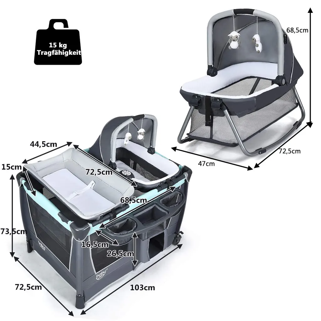 COSTWAY 4 In 1 Klappbares Reisebett & Wickeltisch & Laufstall & Babywiege Mit Schaukelfunktion, Inkl. Babykorb, Wickelauflage, Matratze, Spieluhr, Spielzeug, Aufbewahrungsregal Und Tragetasche Grau 4 COSTWAY 4 In 1 Klappbares Reisebett & Wickeltisch & Laufstall & Babywiege Mit Schaukelfunktion, Inkl. Babykorb, Wickelauflage, Matratze, Spieluhr, Spielzeug, Aufbewahrungsregal Und Tragetasche Grau – Bild 4