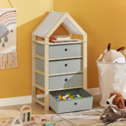 SoBuy STR08-N Aufbewahrungsregal Kinderzimmerregal Standregal Mit Schubladen Stoffkommode Schubladenschrank In Hausform BHT Ca: 46x95x33cm