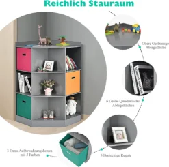COSTWAY 3-stöckiges Kinderregal Mit 6 Offenen Regalen & 3 Farbigen Körben, Moderner Eckregal Zur Aufbewahrung, Aufbewahrungsschrank Mit 9 Fächern, Beistellschrank Für Kinderzimmer, Wohnzimmer (Grau) -Babyprodukte Geschäft ae18de421e1d3b34b735642eea45365f