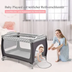 COSTWAY 3-in-1-Babybett, Tragbares Reisebett Mit Spielzeugstange, Klappbarer Laufstall Mit Stubenwagen, Wickeltisch Mit Tragetasche, Feststellbare Räder, Matratze, Tür Mit Reißverschluss (Grau) -Babyprodukte Geschäft af107a1339de48095727d865eae9aa8f