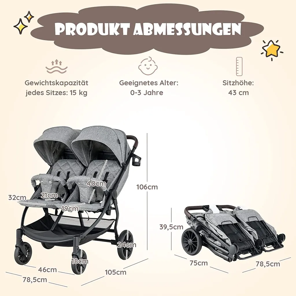 COSTWAY Faltbarer Zwillingskinderwagen, Geschwisterwagen Mit Individueller Neigung, Verstellbarer Rückenlehne & Fußstütze & Baldachin, Tragbarer Zwillingsbuggy Für Baby 0-4 Jahren 5 COSTWAY Faltbarer Zwillingskinderwagen, Geschwisterwagen Mit Individueller Neigung, Verstellbarer Rückenlehne & Fußstütze & Baldachin, Tragbarer Zwillingsbuggy Für Baby 0-4 Jahren – Bild 5