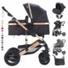 Daliya® 3in1 Kinderwagen Bambimo Kombikinderwagen 15-Teile Set In Schwarz Gold Incl. Babywanne & Buggy & Auto-Babyschale & Alu-Gestell & Gummireifen & Mehr