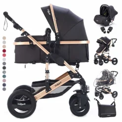 Daliya® 3in1 Kinderwagen Bambimo Kombikinderwagen 15-Teile Set In Schwarz Gold Incl. Babywanne & Buggy & Auto-Babyschale & Alu-Gestell & Gummireifen & Mehr